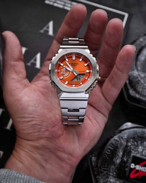 G SHOCK 2100 D SILVER ORANGE DIAL WATCH